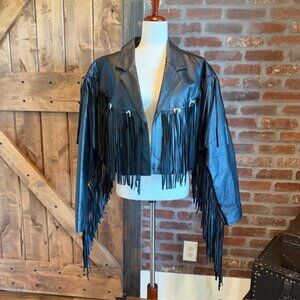 Euro Mod Black Leather Fringe Cropped Jacket Medium Western Boho Moto Festival